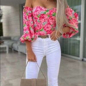 Slash Neck Floral Off Shoulder Skinny Backless Top NWT sold out online